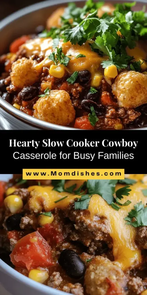 Transform your dinner routine with this delicious Slow Cooker Cowboy Casserole, a hearty meal that's perfect for busy families! Packed with ground beef, black beans, corn, and seasoned with zesty tomatoes, it's a comforting dish that comes together effortlessly. Just set it in your slow cooker and enjoy a rich, flavorful dinner that embodies rustic cooking. Perfect for gatherings or a cozy family night. #CowboyCasserole #ComfortFood #SlowCookerRecipes #FamilyMeals #HeartyDinners #EasyRecipes #HomeCooking