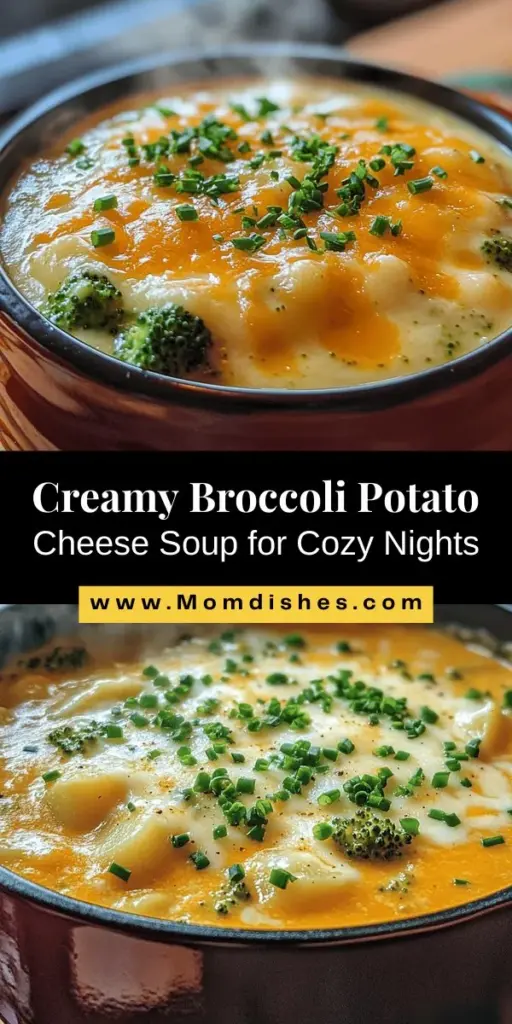 Experience the ultimate comfort food with this creamy broccoli potato cheese soup! Combining nutritious broccoli, hearty potatoes, and rich cheddar cheese, this recipe is perfect for cozy dinners. Packed with flavor and essential vitamins, it's a healthy twist on a classic favorite. Easy to make and deliciously satisfying, this soup will warm your heart and soul. Try it today and savor every spoonful! #ComfortFood #HealthyEating #SoupRecipes #Broccoli #CheeseLovers #Foodie #HomemadeSoup