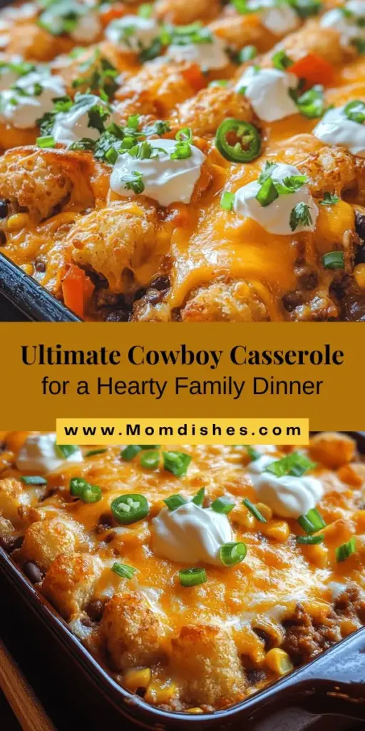 Discover the joy of Easy Cowboy Casserole, a hearty and comforting dish perfect for family dinners or gatherings. Packed with flavor from ground beef, vibrant vegetables, creamy sauces, and crispy tater tots, this casserole is a crowd-pleaser. Quick to prepare and adaptable to various tastes, it’s a delightful way to bring everyone together around the table. Try it tonight! #CowboyCasserole #ComfortFood #FamilyDinner #EasyRecipes #HeartyMeals #WeeknightDinner #Foodie