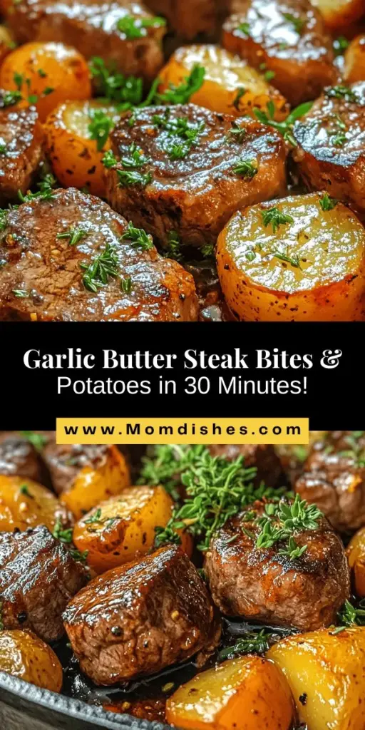 Delight in the flavors of Sizzling Garlic Butter Steak Bites & Potatoes! This quick, under-30-minute dish features tender sirloin steak bites and golden baby potatoes, all enveloped in a rich garlic butter sauce. It's perfect for busy weeknights and elegant enough for entertaining. Get ready to impress with this easy-to-make recipe that delivers restaurant-quality taste at home! #SteakBites #WeeknightDinner #EasyRecipes #GarlicButter #ComfortFood #CookingAtHome