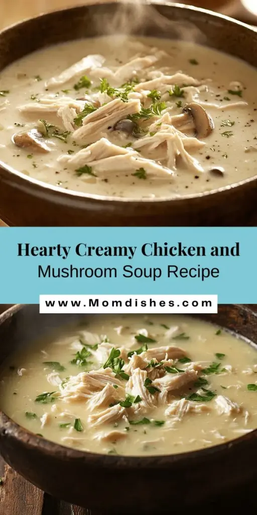 Warm up with a bowl of creamy chicken and mushroom soup, perfect for any season! This comforting dish combines tender chicken, earthy mushrooms, and a rich, velvety broth that everyone will love. It's versatile and easily adaptable for different dietary needs, making it ideal for family dinners or meal prep. Whether you're feeding friends or warming up on a chilly night, this soup is a must-try! #ComfortFood #SoupSeason #ChickenSoup #MushroomSoup #HealthyEating #RecipeIdeas