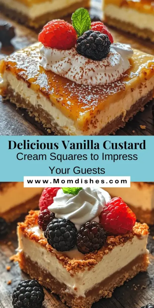 Looking for a show-stopping dessert? Try these Vanilla Custard Cream Squares! With a silky vanilla custard layer over a buttery graham cracker crust, they're perfect for any celebration or just when you're craving something sweet. Easy to make and beautifully delicious, this dessert will leave your guests asking for more. Customize with whipped cream or fresh berries for the ultimate treat! #Dessert #Custard #Baking #Homemade #VanillaSquares #SweetTreats #PartyDesserts