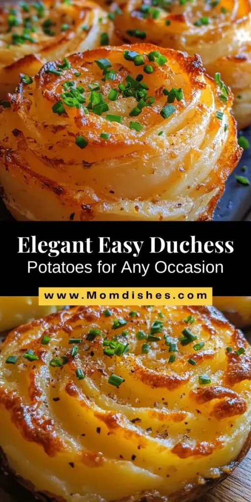 Discover the elegance of Easy Duchess Potatoes, a sophisticated side dish that will impress your guests and elevate any meal. Made with creamy Yukon Gold potatoes, butter, and heavy cream, these piped potatoes are not only visually stunning but also simple to prepare. Perfect for family dinners or festive gatherings, they pair beautifully with a variety of main dishes. Try them and bring a touch of French culinary charm to your table! #DuchessPotatoes #ElegantSides #ComfortFood #FrenchCuisine #RecipeIdeas #EasyCooking