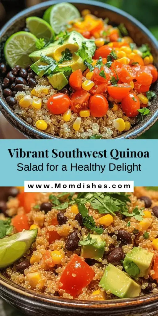 Brighten up your meal with this delicious Southwest Quinoa Salad recipe! Packed with protein, fiber, and colorful veggies like black beans, corn, and avocado, this dish is a nutritious powerhouse that’s perfect for lunch or as a side. The zesty lime-cumin dressing ties everything together, making every bite vibrant and satisfying. Ideal for any occasion, try this salad for a healthy and flavorful addition to your table! #QuinoaSalad #HealthyEating #VegetarianRecipes #Foodie #HealthyChoices