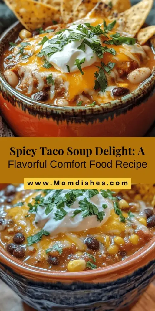 Warm up your evenings with a bowl of Spicy Taco Soup Delight! This hearty dish combines the rich flavors of taco ingredients with a spicy kick, perfect for family dinners or casual gatherings. Customize it to meet dietary needs—make it vegetarian, gluten-free, or spice it how you like! With filling ingredients like beans and lean protein, it's nutritious too. Gather your loved ones and enjoy this comforting bowl of goodness! #TacoSoup #ComfortFood #SpicyRecipes #HealthyEating #MealPrep #FamilyDinner