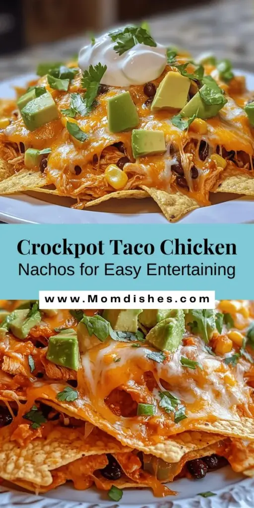 Indulge in the ultimate comfort food with Crockpot Taco Chicken Nachos! This recipe combines tender, shredded chicken seasoned with zesty taco flavors, layered on crispy tortilla chips, and topped with melted cheese and fresh garnishes. Perfect for game nights or cozy dinners, it's easy to prepare and sure to impress. Let the slow cooker do the work while you enjoy delicious nachos with family and friends! #CrockpotNachos #TacoChicken #EasyRecipes #ComfortFood #GameDaySnacks #FoodieFavorites #SlowCookerMagic