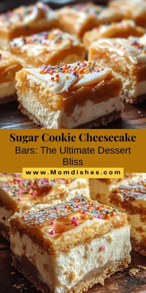 Indulge in the delightful fusion of flavors with Sugar Cookie Cheesecake Bars! This decadent dessert combines a buttery sugar cookie crust with a rich, creamy cheesecake filling, creating a perfect treat for any occasion. Easy to make and visually stunning, these bars are a hit at gatherings or cozy nights in. Customize with fun toppings and flavors to make them your own! Get ready for a dessert experience that will leave everyone wanting more! #DessertFusion #BakingJoy #CheesecakeBars #SugarCookies #YummyTreats