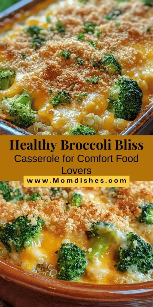 Discover the delicious Broccoli Bliss Casserole, a perfect blend of comfort and nutrition. Packed with fresh broccoli and wholesome quinoa, this dish is creamy, cheesy, and full of flavor. It's customizable for various dietary needs, making it an ideal choice for family dinners or potlucks. Enjoy a healthful meal that looks as good as it tastes! Try it today and brighten your table! #BroccoliCasserole #HealthyEating #ComfortFood #Quinoa Recipes #MealPrepIdeas