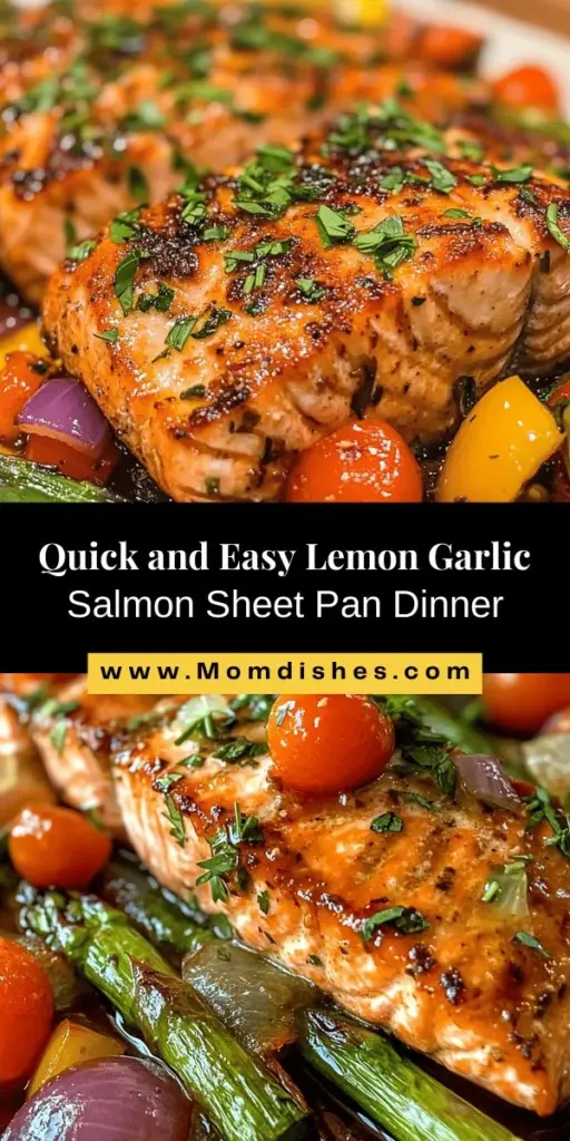 Discover the perfect weeknight dinner with this Zesty Sheet Pan Lemon Garlic Salmon & Veggies recipe! This delicious dish combines succulent salmon, vibrant asparagus, sweet cherry tomatoes, and bell peppers, all roasted to perfection with a zesty lemon garlic marinade. Enjoy a nutritious meal with minimal cleanup, making it the ideal option for busy families. Try it tonight for a taste that’s both quick and wholesome! #SheetPanDinner #HealthyEating #SalmonRecipes #FamilyMeals #EasyCooking #MealPrepIdeas #Nutrition