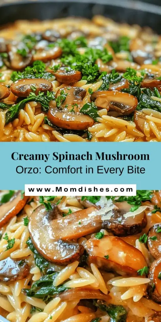 Discover a comforting and creamy delight with this Spinach Mushroom Orzo recipe! In just under 30 minutes, you can create a delicious dish perfect for busy weeknights or casual gatherings. Packed with nutrients from spinach and mushrooms, this meal balances indulgence with healthiness. Great for everyone, this versatile dish can be customized to suit your tastes. Try it today and fall in love with every bite! #PastaRecipes #ComfortFood #HealthyEating #SpinachMushroomOrzo #QuickDinnerIdeas #MushroomLovers