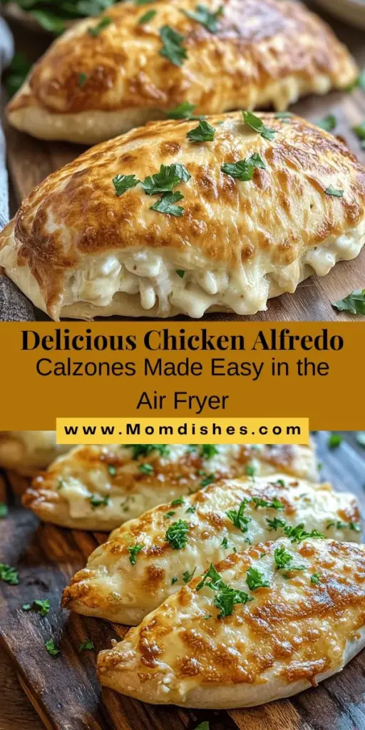 Savor the deliciousness of Chicken Alfredo Air Fryer Calzones, where creamy Alfredo sauce meets tender rotisserie chicken, all wrapped in a crispy crust! Perfect for weeknight dinners or game day snacks, these calzones are easy to prepare and sure to impress. With a blend of mozzarella and Parmesan, each bite is a flavor delight. Try them with your favorite dipping sauces and enjoy this comforting dish anytime! #ChickenAlfredo #Calzones #AirFryerRecipes #ComfortFood #EasyDinner #Foodie