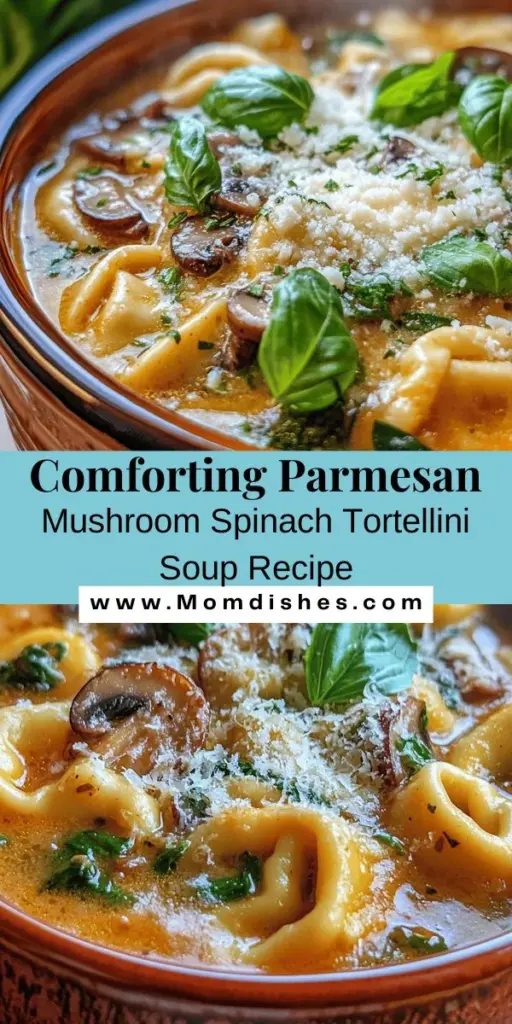 Warm up this season with a bowl of Creamy Parmesan Mushroom and Spinach Tortellini Soup! This comforting dish features earthy mushrooms, vibrant spinach, and rich Parmesan cheese, making it perfect for chilly evenings or cozy family dinners. Simple to prepare, even novice chefs can create a gourmet meal in no time. Packed with nutrients and flavor, this soup is a delightful way to nourish your body and soul. Dive in! #SoupRecipe #ComfortFood #Tortellini #HealthyEating #MushroomSoup #FamilyDinner #EasyRecipes