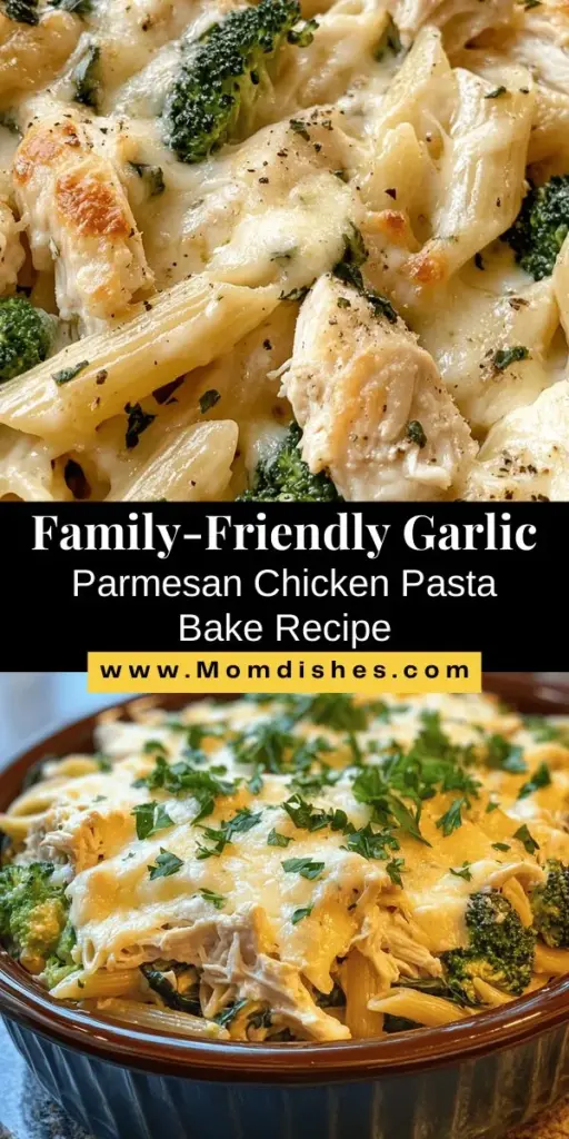 Indulge in the ultimate comfort food with this Garlic Parmesan Chicken Pasta Bake! Perfect for family dinners or gatherings, this hearty dish features tender pasta, juicy chicken, fresh veggies, and a creamy garlic sauce, all topped with melty cheese. It's a satisfying meal that pleases all palates, combining flavor and nutrition in every bite. Discover this easy recipe and bring everyone together around the table! #PastaBake #ComfortFood #FamilyDinner #ChickenDinner #CheesyDeliciousness #HealthyEating #GarlicParmesan