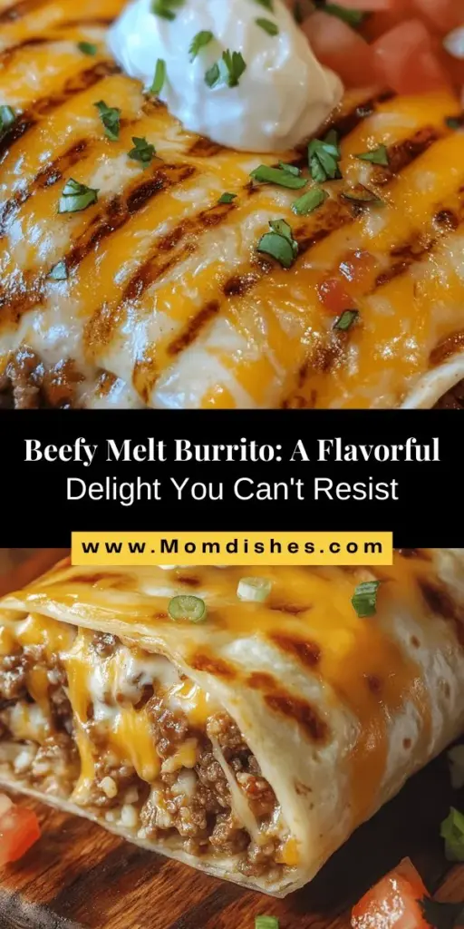 Indulge in the Flavor-Packed Beefy Melt Burrito Delight! This hearty burrito features juicy ground beef, creamy cheddar cheese, fluffy rice, and vibrant veggies, all wrapped in a warm tortilla. Perfect for lunch, dinner, or a late-night snack, it's easy to make and incredibly satisfying. Customize your burrito with your favorite ingredients and enjoy a flavor explosion with every bite! #BurritoDelight #BeefyMelt #EasyRecipes #CookingAtHome #FoodieFun #YummyEats