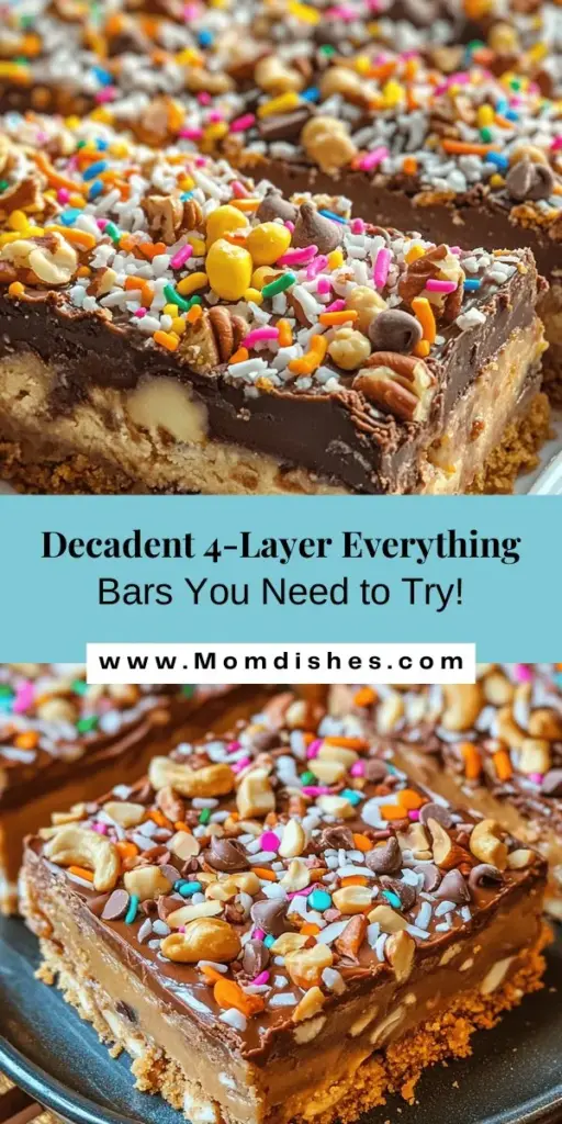 Satisfy your sweet tooth with these irresistible 4-Layer Everything Bars! This step-by-step recipe combines a crumbly graham cracker crust, creamy peanut butter, rich chocolate ganache, and fun toppings like nuts and sprinkles. Perfect for parties or a cozy family dessert, these bars are as visually appealing as they are delicious. Easy to make with pantry staples, they promise a delightful treat in every bite! #DessertRecipe #4LayerBars #Baking #SweetTreats #HomemadeDesserts