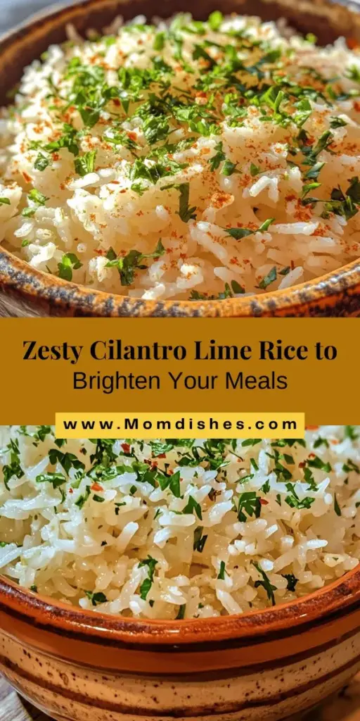 Discover the vibrant flavors of Zesty Cilantro Lime Rice, the perfect side dish to elevate your meals! This simple recipe features fluffy rice infused with fresh cilantro and tangy lime juice, delivering a burst of freshness to every bite. Ideal for pairing with grilled meats, tacos, or in grain bowls, it's a versatile addition that will impress at any gathering. Get ready to make this unforgettable dish that will leave guests asking for more! #CilantroLimeRice #SideDish #EasyRecipes #CookingAtHome #QuickMeals #FlavorfulFood