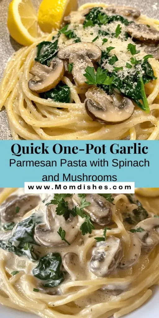 Looking for a quick and delicious dinner? Try this One-Pot Garlic Parmesan Pasta with Spinach and Mushrooms! It's the perfect blend of savory garlic, creamy parmesan, and nutritious spinach, all cooked in a single pot for minimal cleanup. Ideal for busy weeknights, this recipe not only saves time but tastes amazing too! Ready to elevate your weeknight meals? Save this recipe for a cozy and satisfying dish! #OnePotMeal #PastaLovers #GarlicParmesan #EasyRecipes #QuickDinner #HealthyEating #ComfortFood