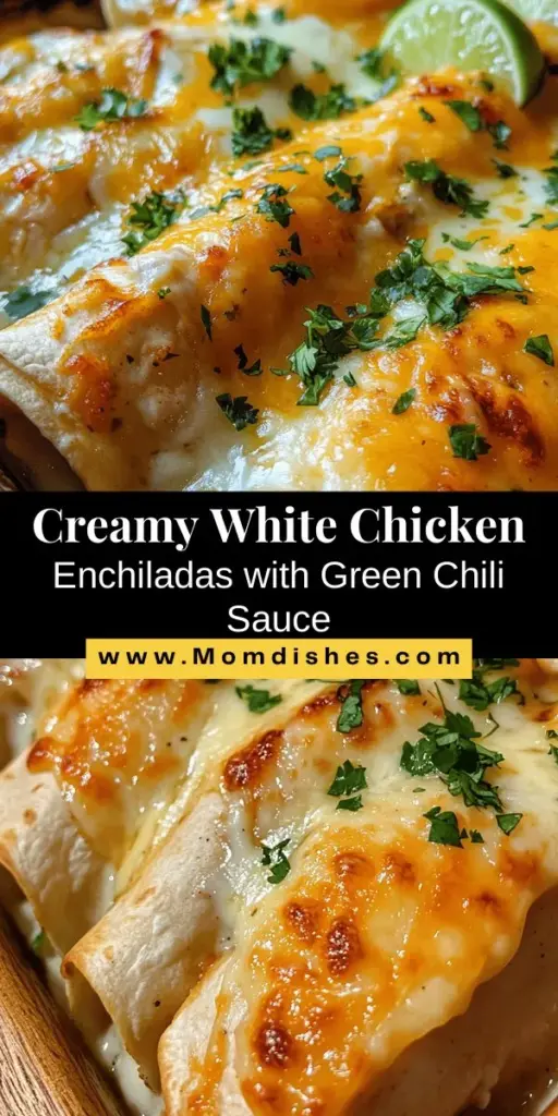 Savor the flavors of Mexican cuisine with these delicious white chicken enchiladas topped with a tangy green chili sour cream sauce. This easy recipe combines tender rotisserie chicken, creamy cheese, and flavorful spices, all wrapped in soft flour tortillas. Perfect for busy weeknights or gatherings, this dish is sure to impress! Discover how simple it is to create this comforting meal that everyone will love. #Enchiladas #MexicanRecipes #ComfortFood #EasyDinner #ChickenEnchiladas #Foodie