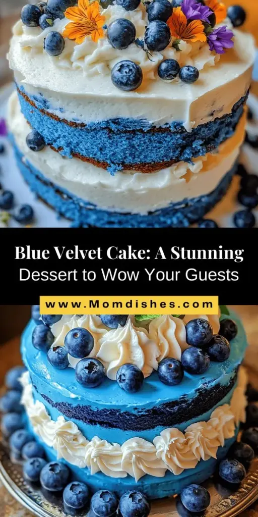 Indulge in the stunning Blue Velvet Cake! This unique dessert not only delights with its vibrant blue color but also offers a rich flavor and moist texture that makes it perfect for celebrations. Crafted with essential ingredients like buttermilk, eggs, and cream cheese frosting, this cake is sure to impress guests at weddings, birthdays, and more. Discover how to create your show-stopping cake today! #BlueVelvetCake #Baking #Dessert #CakeDecorating #SweetTreats #CelebrateInStyle