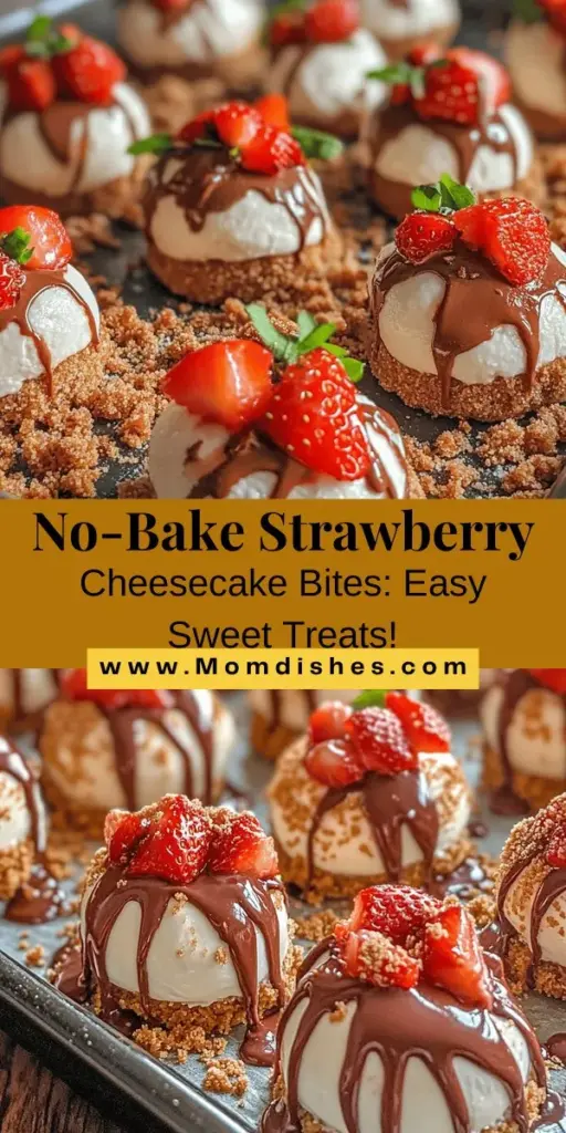 Indulge in a delightful treat with these No Bake Strawberry Cheesecake Bites! Perfect for gatherings, potlucks, or a sweet snack, these creamy bites are simple to make and bursting with fresh strawberry flavor. With no oven required, they're ideal for any occasion. Customize them with different fruits or toppings to suit your taste. Enjoy a delicious and refreshing dessert that everyone will love! #NoBakeDesserts #StrawberryCheesecakeBites #EasyRecipes #DessertHeaven #HomemadeGoodness