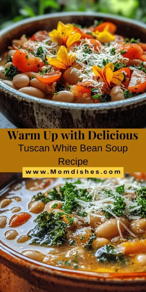 Warm up with a bowl of Tuscan White Bean Soup—a delightful blend of creamy cannellini beans, aromatic vegetables, and fresh herbs that embodies the heart of Italian cuisine. Perfect for chilly nights, this nourishing soup is rich in flavor and health benefits, including plant-based protein and fiber. Serve it with crusty bread and a sprinkle of Parmesan for a comforting meal. Discover the joy of this easy-to-make dish! #TuscanSoup #HealthyEating #ComfortFood #ItalianCuisine #WinterMeals #PlantBased #Cooking #SoupLovers