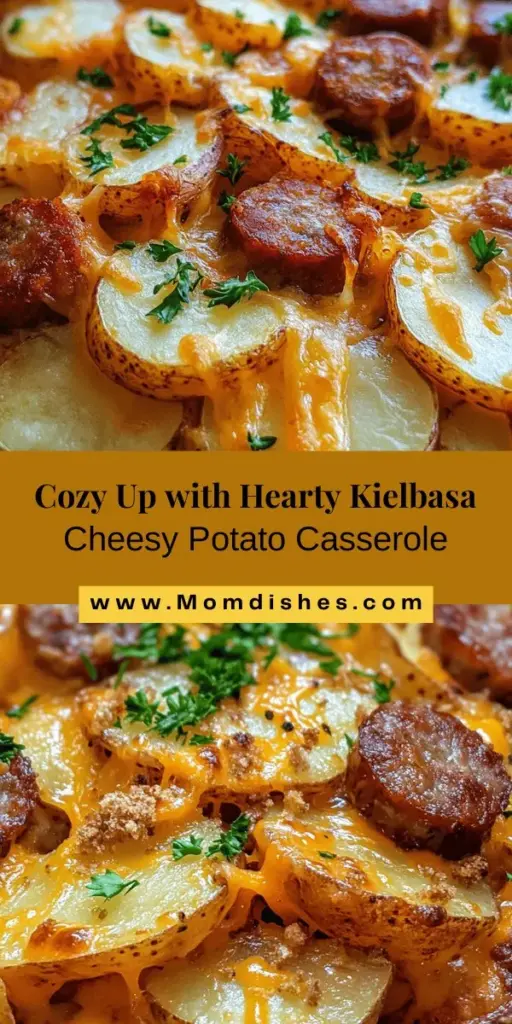 Warm up your dinner routine with this Hearty Kielbasa Sausage Cheesy Potato Casserole! Combining rich, smoky kielbasa with creamy russet potatoes and sharp cheddar cheese, this dish is the ultimate comfort food. Perfect for family gatherings or cozy weeknights, its simple yet satisfying flavors will leave everyone at the table smiling. Discover the joy of sharing a homemade meal with loved ones. #ComfortFood #Casserole #Kielbasa #CheesyPotatoes #FamilyDinner #RecipeIdea #Foodie