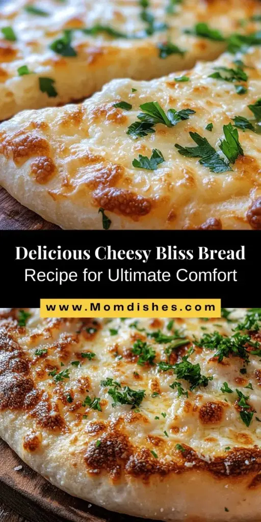 Indulge in the ultimate comfort food with Cheesy Bliss Bread! This delightful homemade bread is soft, fluffy, and filled with melted cheese and aromatic herbs, making it perfect for any occasion. Whether served warm as an appetizer, paired with soups, or enjoyed as a snack, each bite celebrates cheesy goodness. With easy steps for baking, you’ll create a mouthwatering treat that will impress everyone at the table! #CheesyBlissBread #BreadLovers #ComfortFood #HomemadeBread #BakingJoy #CheeseBurst #FoodieFun