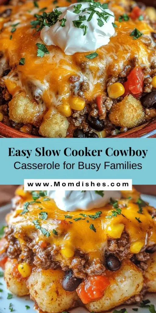 Discover the ultimate comfort food with this Slow Cooker Cowboy Casserole Delight! Packed with ground beef, black beans, corn, and melty cheddar cheese, it’s a hearty meal perfect for busy families. With easy prep and the slow cooker doing the work, you can enjoy rich, delicious flavors without the hassle. Perfect for gatherings or weeknight dinners! #SlowCooker #Casserole #EasyRecipes #FamilyMeals #ComfortFood #CowboyCasserole