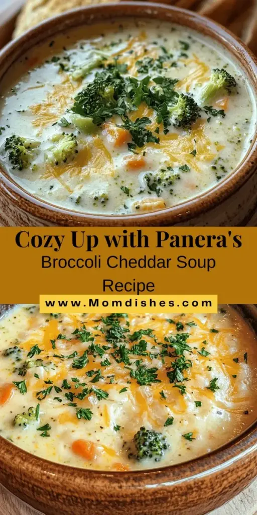 Warm up this season with Panera's Cozy Broccoli Cheddar Delight! This heartwarming soup combines creamy cheddar cheese with tender broccoli for a comforting meal that's perfect for cold days. Follow our guide for an easy homemade version that rivals the cafe classic. Packed with nutrients and flavor, it's an inviting dish for family and friends. Discover the joy of making this cozy soup at home! #BroccoliCheddarSoup #ComfortFood #HomemadeRecipe #CozyEats #SoupSeason