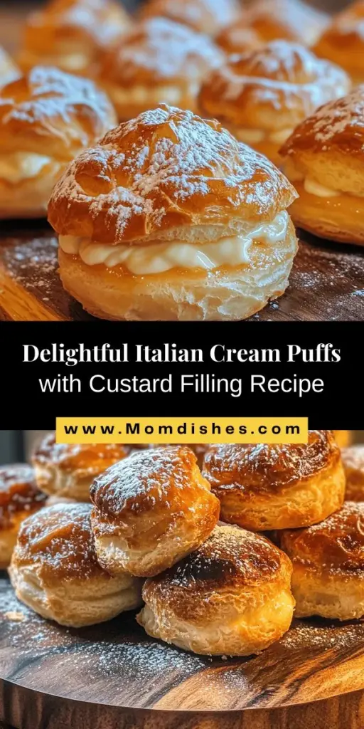 Discover the delicious world of Italian Cream Puffs filled with silky custard! These light and airy desserts celebrate the art of Italian baking and are perfect for any occasion. Learn how to make choux pastry and a velvety custard filling from scratch, and impress your family and friends with your pastry skills. A touch of powdered sugar adds the perfect finishing touch. Bring a taste of Italy to your kitchen today! #ItalianDesserts #CreamPuffs #BakingFun #CustardFilling #HomemadeTreats #ChouxPastry