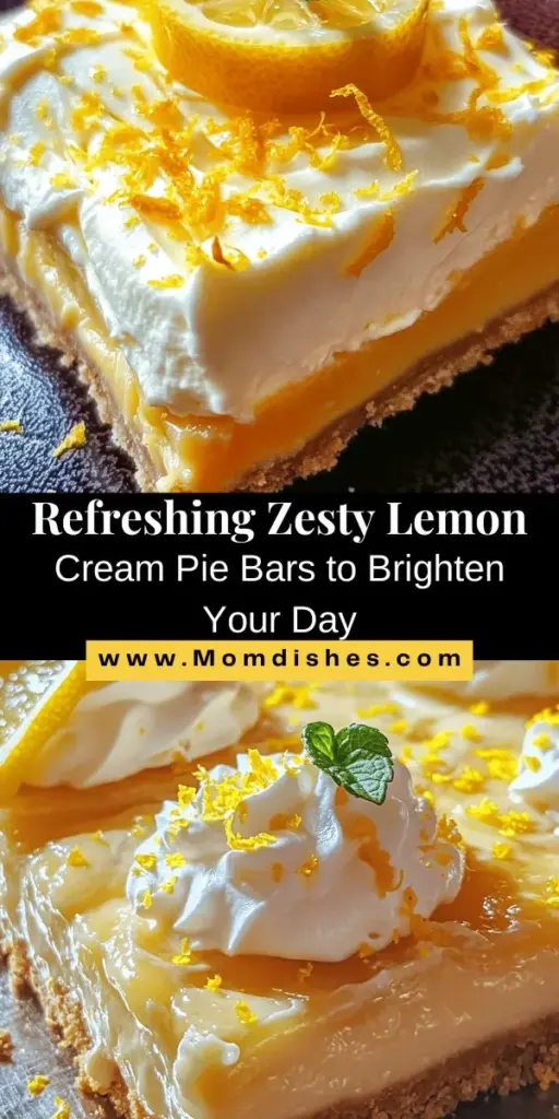 Indulge in the vibrant flavors of Zesty Lemon Cream Pie Bars, perfect for summer gatherings or a sweet treat at home. With a buttery graham cracker crust, a smooth lemon filling bursting with fresh citrus, and a light whipped cream topping, every bite is a refreshing delight. Easy to make and sure to impress, these bars are a must for any dessert lover. Try them out today! #LemonDessert #Baking #SummerTreats #DessertBars #HomemadeGoodness