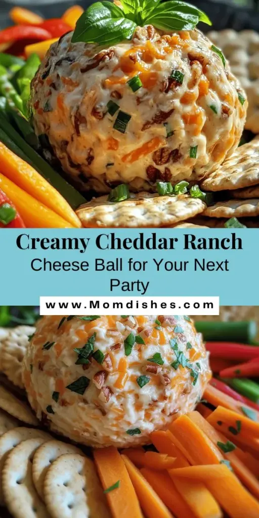 Create the ultimate party appetizer with this Creamy Irresistible Cheddar Ranch Cheese Ball! Bursting with flavors from sharp cheddar and ranch dressing, it's easy to make and guarantees to impress your guests! With a crunchy nut coating and a creamy interior, it's perfect for any gathering or game day. Serve with veggies and crackers for an unforgettable snacking experience. Try this delicious recipe today! #CheeseBall #PartyAppetizer #RecipeIdeas #CheddarCheese #SnackTime #DeliciousDips