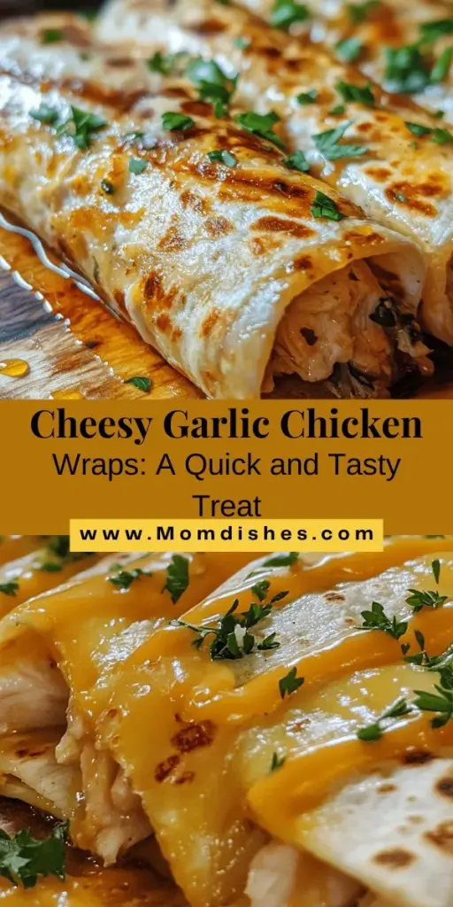 Discover the ultimate recipe for Cheesy Garlic Chicken Wraps! These flavorful wraps are perfect for a quick weeknight dinner, a satisfying lunch, or a crowd-pleasing appetizer. Filled with creamy cheese, tender chicken, and nutritious spinach, they're both delicious and easy to make. Explore variations and healthier alternatives to customize your wraps to your taste. Get ready to impress your family and friends with this delightful dish! #ChickenWraps #EasyRecipes #Foodie #Yummy #HealthyEating #ComfortFood