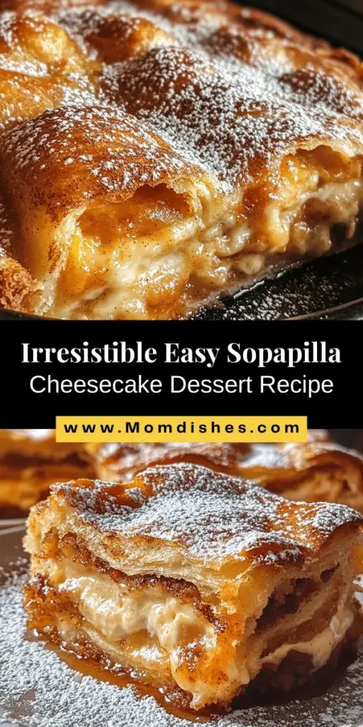 Savor the delight of Easy Sopapilla Cheesecake Dessert, a delicious fusion of creamy cheesecake and flaky sopapilla. With buttery crescent roll dough and a luscious cream cheese filling, it’s a treat appealing to both the eyes and taste buds. Simple to make with minimal ingredients, this dessert is perfect for any occasion. Indulge in this comforting sweet dish today! #SopapillaCheesecake #DessertRecipes #EasyBaking #SweetTreats #HomemadeDessert #BakingWithLove