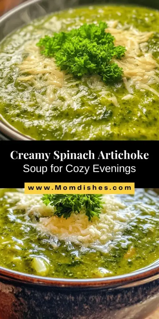 Indulge in the ultimate comfort food with Luxurious Creamy Spinach Artichoke Soup! This rich, velvety blend of fresh spinach, hearty artichokes, savory cheese, and a splash of cream creates a nourishing experience that’s perfect for family dinners or special occasions. Warm your heart and satisfy your cravings with every spoonful. Explore the ingredients, preparation steps, and health benefits of this delightful dish. #SpinachArtichokeSoup #ComfortFood #HealthyEating #SoupRecipes #HomeCooking