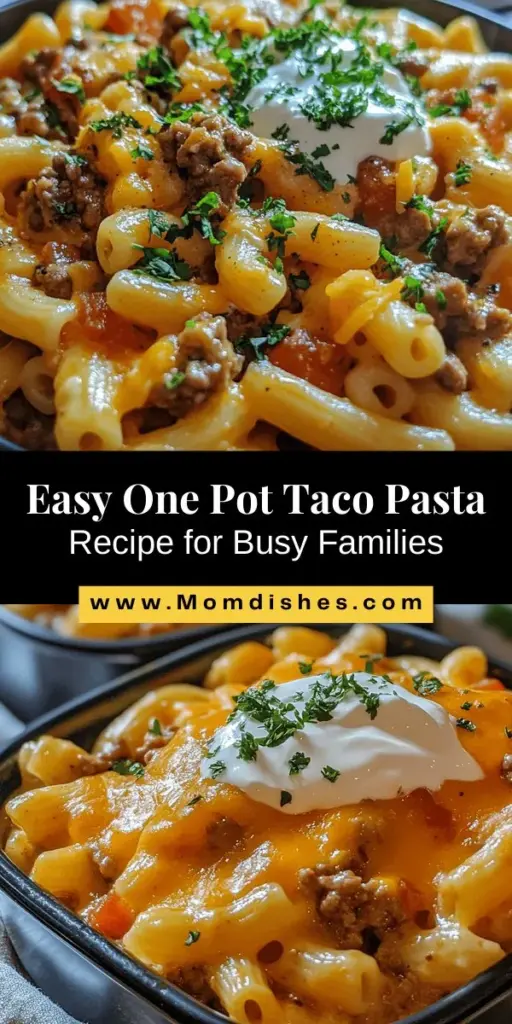 Looking for a quick and delicious family dinner idea? Try this One Pot Taco Pasta Delight! Packed with flavors of taco seasoning, hearty pasta, and your choice of protein, it's a one-pot wonder that makes meal prep easy and cleanup a breeze. Perfect for busy weeknights, this colorful dish is sure to please everyone at the table. Gather your ingredients and create a comforting meal in no time! #OnePotPasta #TacoPasta #FamilyDinner #QuickMeals #ComfortFood #EasyRecipes #MealPrep