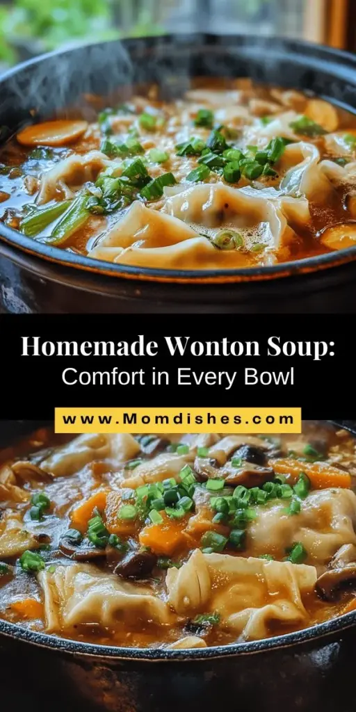 Discover the warmth and comfort of homemade wonton soup with this step-by-step guide! Learn how to make delicate dumplings with fresh ingredients, a savory broth, and your choice of vegetables. This versatile dish has global variations and nutritional benefits. Perfect for cozy family dinners or gatherings with friends, wonton soup is a delightful culinary experience. Get ready to create a comforting bowl that will warm your soul! #WontonSoup #HomemadeCooking #ComfortFood #AsianCuisine #RecipeIdeas