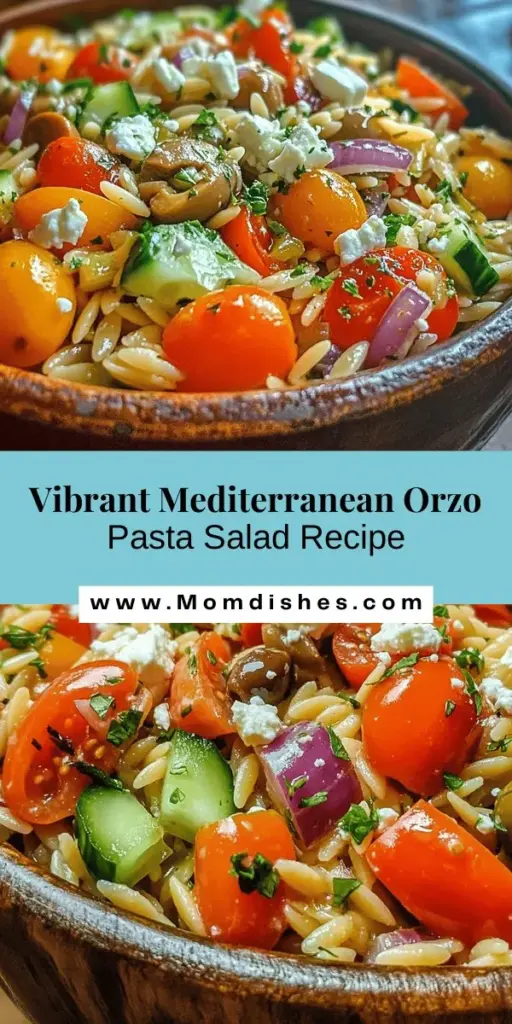 Dive into the vibrant flavors of the Mediterranean with this delightful Orzo Pasta Salad! Packed with fresh vegetables, tangy feta cheese, Kalamata olives, and a zesty dressing, it's perfect for picnics, potlucks, or a light meal any day. Rich in nutrients and bursting with color, this salad not only looks good but also supports heart health. Try it for your next gathering or simply as a tasty lunch! #OrzoSalad #MediterraneanCuisine #HealthyEating #PastaSalad #FreshIngredients #EasyRecipes #MealPrep