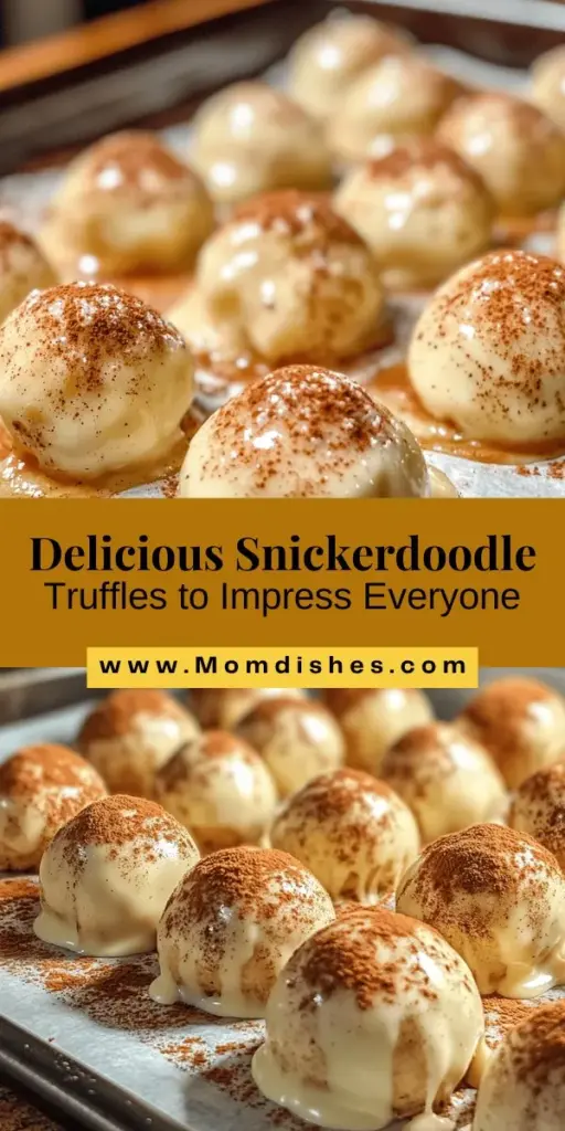 Indulge in the delightful fusion of classic Snickerdoodles and modern truffles with this easy Snickerdoodle Truffles recipe! These bite-sized treats combine soft, buttery cookie flavors with a creamy chocolate coating, perfect for any celebration or as a sweet snack. With just a few ingredients, you can impress friends and family. Get creative with variations and substitutions to make them your own! #SnickerdoodleTruffles #Dessert #Baking #Sweets #Recipe