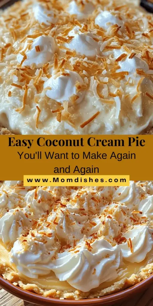 Indulge in the nostalgia of a classic with this Irresistible Easy Coconut Cream Pie recipe. Combining a creamy coconut filling with a flaky crust and topped with whipped cream, this dessert is a delight for bakers of any level. Discover the history and variations of this beloved American treat while learning how to create the perfect balance of flavors and textures. A must-try for any coconut lover! #CoconutCreamPie #DessertRecipes #Baking #HomemadeGoodness #SweetTreats #PieLovers