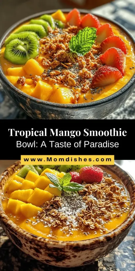 Discover the vibrant and nutritious Tropical Creamy Mango Smoothie Bowl, a delightful way to kickstart your day or enjoy a wholesome snack. This bowl combines ripe mangoes, creamy bananas, and coconut milk for a deliciously sweet flavor while packing a nutritional punch. With endless customization options for toppings, it's as visually appealing as it is delicious. Dive into tropical paradise with every spoonful! #MangoSmoothieBowl #HealthyEating #SmoothieBowl #TropicalVibes #BreakfastGoals #VeganRecipes #FoodArt