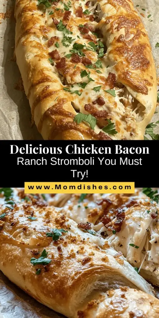 Looking for a delicious, easy-to-make dish? Try this Chicken Bacon Ranch Stromboli recipe! Packed with savory chicken, crispy bacon, gooey mozzarella, and zesty ranch dressing, it's perfect for weeknight dinners or party celebrations. Customize it with your favorite ingredients for a personalized touch. Bake until golden brown, serve with dipping sauces, and enjoy! Your taste buds will thank you! #Stromboli #ChickenRecipes #ComfortFood #Bacon #FamilyDinner #Foodie