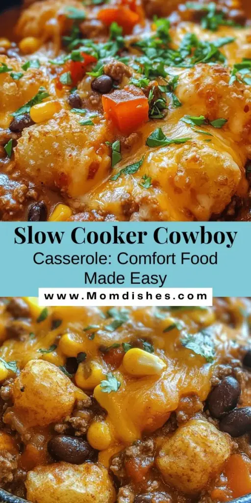 Discover the ultimate comfort food with this Hearty Slow Cooker Cowboy Casserole! Perfect for busy nights, this dish combines ground meat, veggies, and crispy tater tots, all simmered to perfection. It's not just delicious; it’s packed with nutrients and can easily be customized to suit any dietary preference. Whether for family dinner or meal prep, this casserole is a must-try! #ComfortFood #SlowCookerRecipe #CowboyCasserole #EasyCooking #MealPrep #FamilyDinner