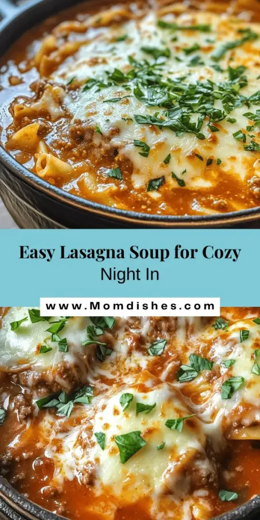 Whip up a cozy bowl of lasagna soup with this easy recipe that combines all the classic flavors of traditional lasagna in just a fraction of the time. Perfect for busy weeknights, this hearty dish is versatile and can be customized to suit various dietary needs. Packed with ground meat, aromatic veggies, and a melty cheese blend, it's sure to be a family favorite! Discover the comforting delight of lasagna soup today. #LasagnaSoup #EasyRecipes #ComfortFood #FamilyDinner #CookingAtHome