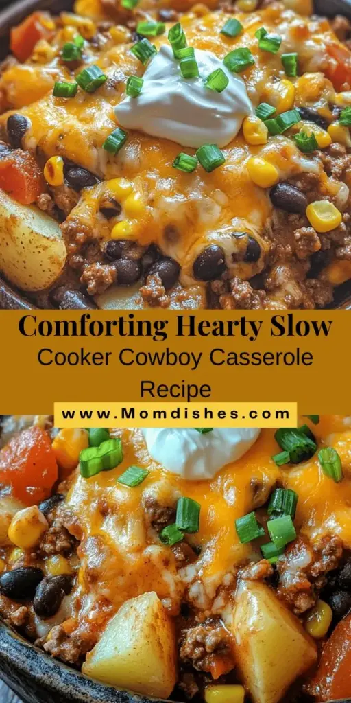 Discover the comfort of Hearty Slow Cooker Cowboy Casserole! This simple and satisfying dish combines ground meat, vibrant vegetables, taco seasoning, and creamy cheddar cheese, all cooked to perfection in your slow cooker. Perfect for busy families or cozy nights in, this casserole is delicious, nutritious, and easy to make. Enjoy every warm bite and feel the love in every serving. #SlowCooker #ComfortFood #CowboyCasserole #EasyRecipes #FamilyMeals #MealPrep #HeartyEats