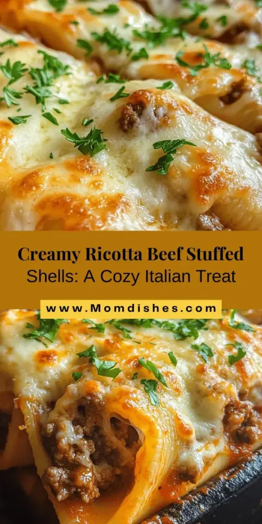 Savor the comforting flavors of Creamy Ricotta Beef Stuffed Shells Pasta, a delicious Italian-inspired dish perfect for family dinners or cozy nights in. Jumbo pasta shells are generously filled with a savory blend of ricotta and seasoned ground beef, bursting with flavor. Simple to prepare and packed with nutrients, this dish is sure to become a new favorite. Enjoy every cheesy, hearty bite! #ComfortFood #ItalianCuisine #PastaLovers #EasyRecipes #DinnerInspiration #Yummy