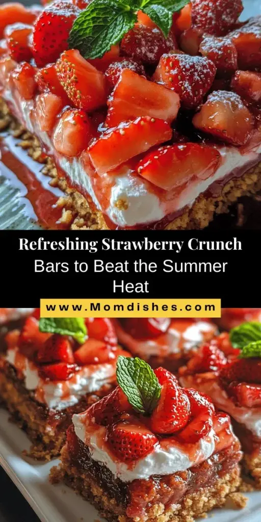 Indulge in the flavors of summer with this easy Strawberry Crunch Bars recipe! These delicious bars feature layers of fresh strawberries, a creamy whipped topping, and a crunchy graham cracker base, perfect for any gathering. With simple ingredients and straightforward instructions, you can create a dessert that's as beautiful as it is tasty. Treat your family and friends to this delightful summer treat! #StrawberryCrunchBars #SummerDesserts #Baking #EasyRecipes #FruitDesserts #HomemadeGoodness