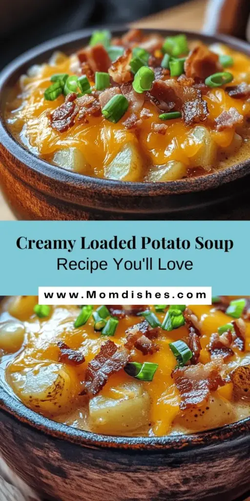 Cozy up with the ultimate comfort food: homemade loaded potato soup! This creamy, hearty dish combines tender russet potatoes, savory broth, and a melty cheese blend, topped with crispy bacon and fresh green onions. Perfect for chilly nights or gatherings, this easy recipe brings warmth and nostalgia to the table. Make your own delicious version and indulge in every spoonful! #LoadedPotatoSoup #ComfortFood #HomemadeSoup #CozyEats #RecipeIdeas