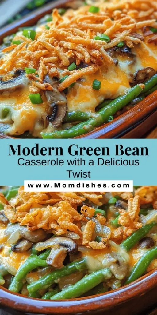 Elevate your holiday table with our Deliciously Twisted Green Bean Casserole! This modern take on the classic dish combines fresh green beans, savory cremini mushrooms, and a rich creamy sauce, topped with crispy French fried onions. Perfect for festive gatherings or family dinners, this casserole is both comforting and exciting, ensuring it will be a hit with everyone. Try this flavorful twist and bring a touch of innovation to your traditional menu! #GreenBeanCasserole #HolidayRecipes #ComfortFood #ModernCooking #SideDish #Foodie