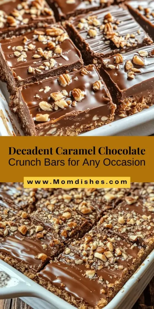 Indulge in the sweet decadence of Caramel Chocolate Crunch Bars! This delightful recipe features smooth chocolate, gooey caramel, and a satisfying crunch, making it a perfect treat for any occasion. Easy to customize for gatherings or cozy nights in, these bars are sure to impress! Bring a touch of nostalgia to your dessert table with this classic combination. Try them today! #CaramelChocolateCrunchBars #DessertRecipe #SweetTreats #BakingJoy #HomemadeDelights